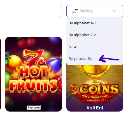 Internal filter of game categories glorycasino